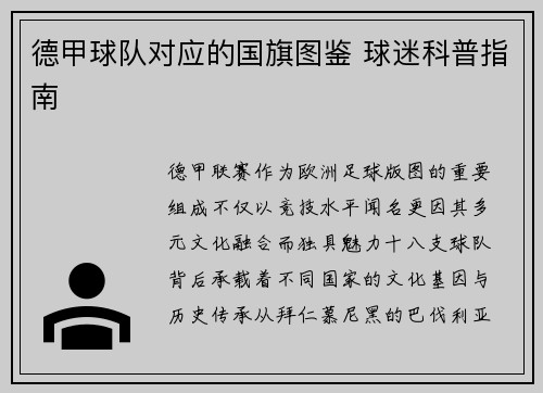 德甲球队对应的国旗图鉴 球迷科普指南